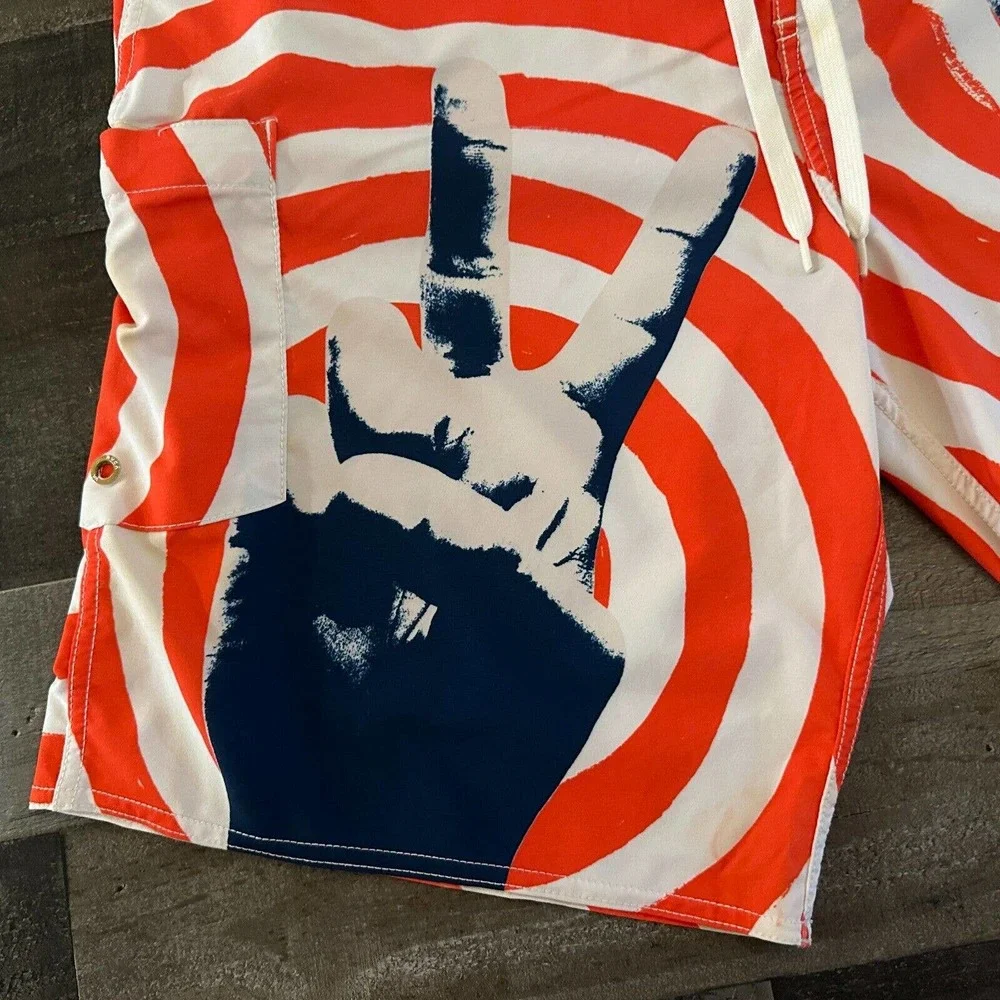 RVCA ANP Board Shorts Mens Size 33 Peace Red White Artist PMTENORE Swim Trunks‎